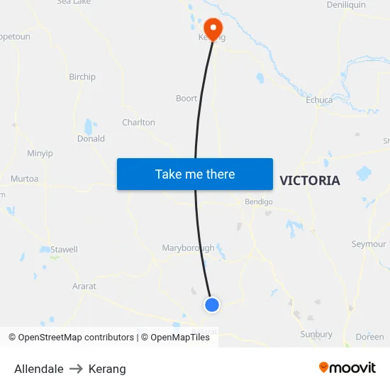 Allendale to Kerang map