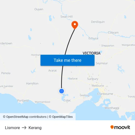 Lismore to Kerang map