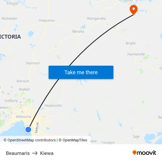 Beaumaris to Kiewa map