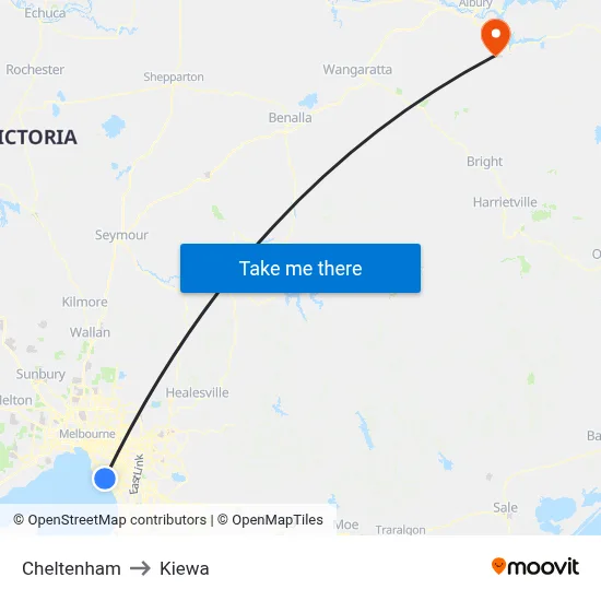 Cheltenham to Kiewa map