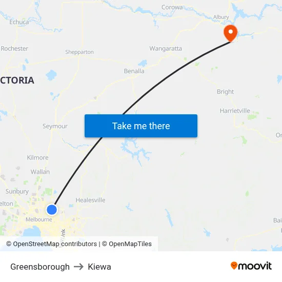 Greensborough to Kiewa map