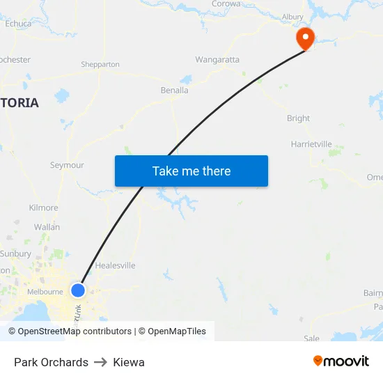 Park Orchards to Kiewa map