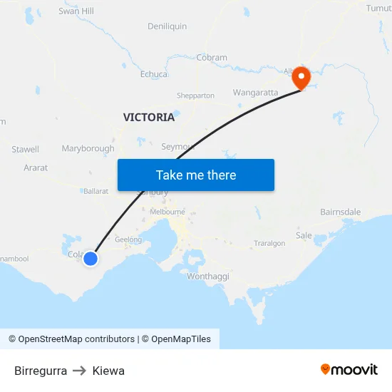 Birregurra to Kiewa map