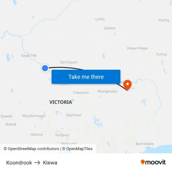 Koondrook to Kiewa map