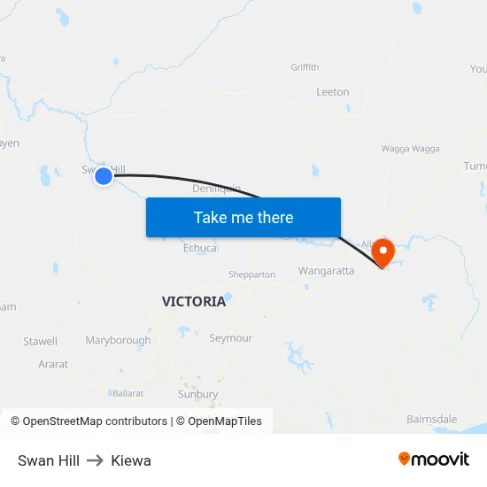 Swan Hill to Kiewa map