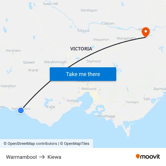 Warrnambool to Kiewa map
