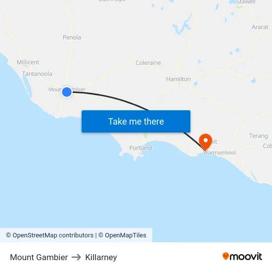 Mount Gambier to Killarney map
