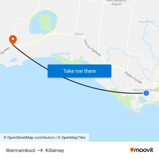 Warrnambool to Killarney map