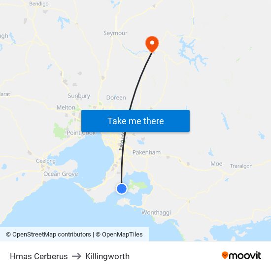 Hmas Cerberus to Killingworth map