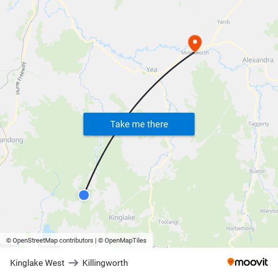 Kinglake West to Killingworth map