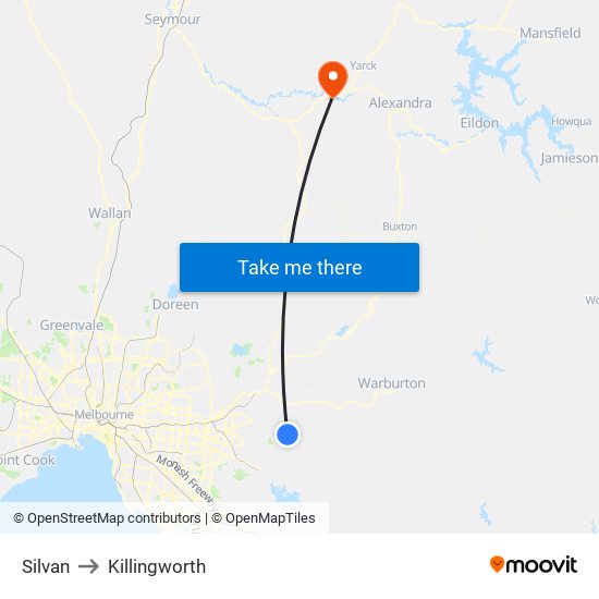 Silvan to Killingworth map