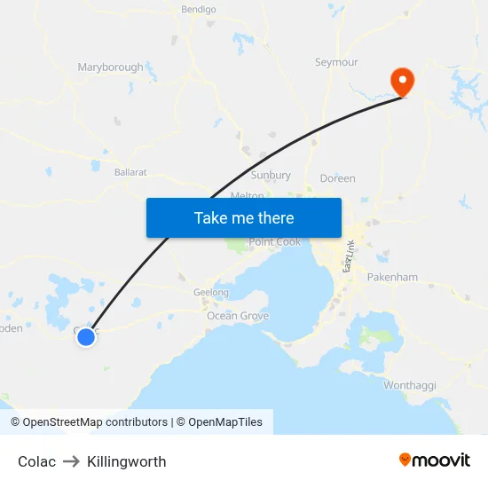 Colac to Killingworth map