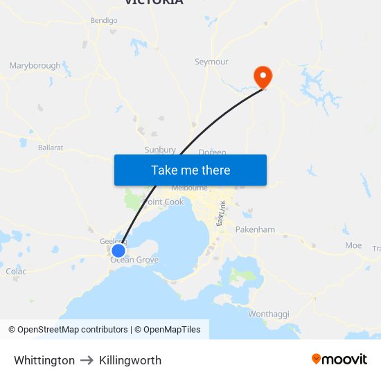 Whittington to Killingworth map