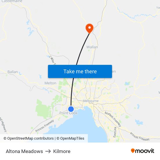 Altona Meadows to Kilmore map