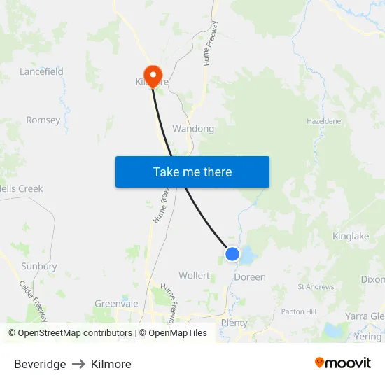 Beveridge to Kilmore map