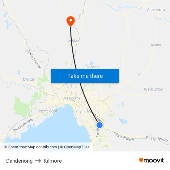 Dandenong to Kilmore map