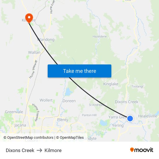 Dixons Creek to Kilmore map