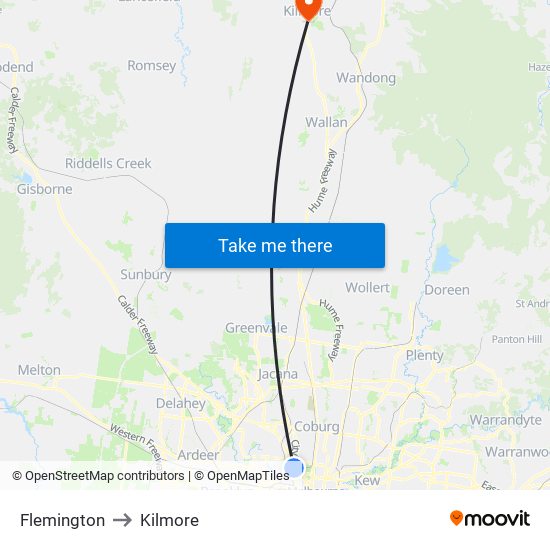 Flemington to Kilmore map