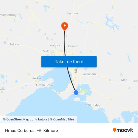 Hmas Cerberus to Kilmore map