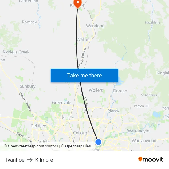 Ivanhoe to Kilmore map
