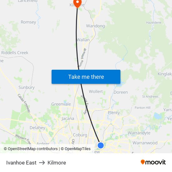 Ivanhoe East to Kilmore map