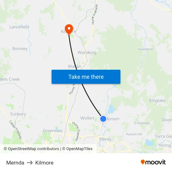 Mernda to Kilmore map