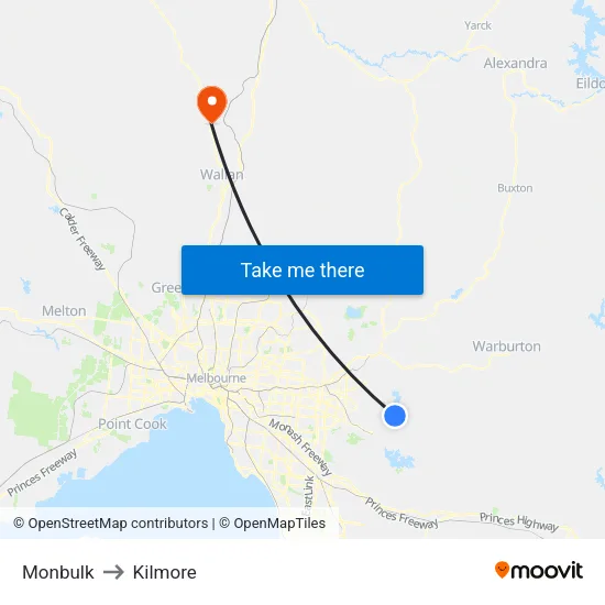 Monbulk to Kilmore map