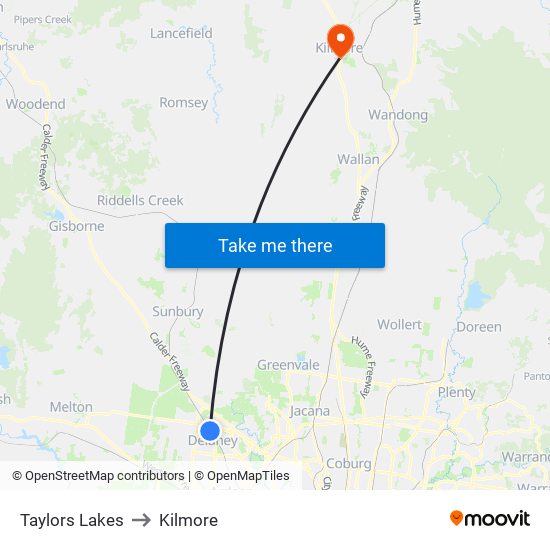 Taylors Lakes to Kilmore map