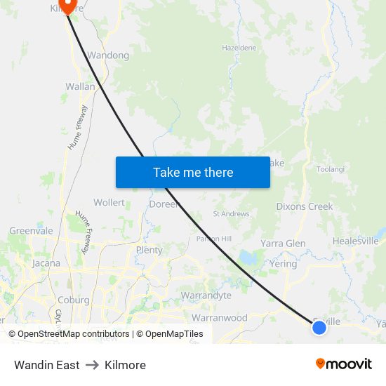 Wandin East to Kilmore map