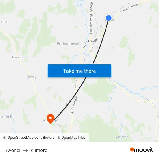 Avenel to Kilmore map