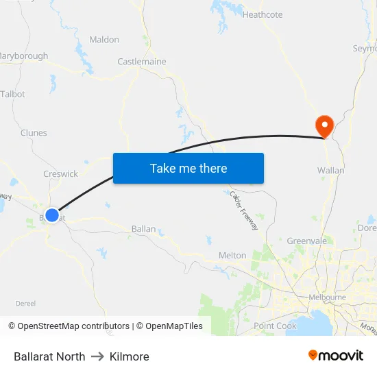 Ballarat North to Kilmore map