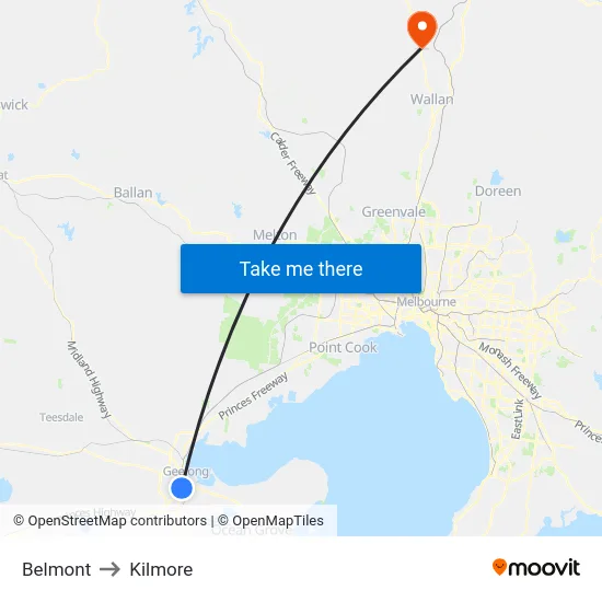 Belmont to Kilmore map