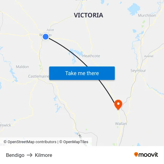 Bendigo to Kilmore map