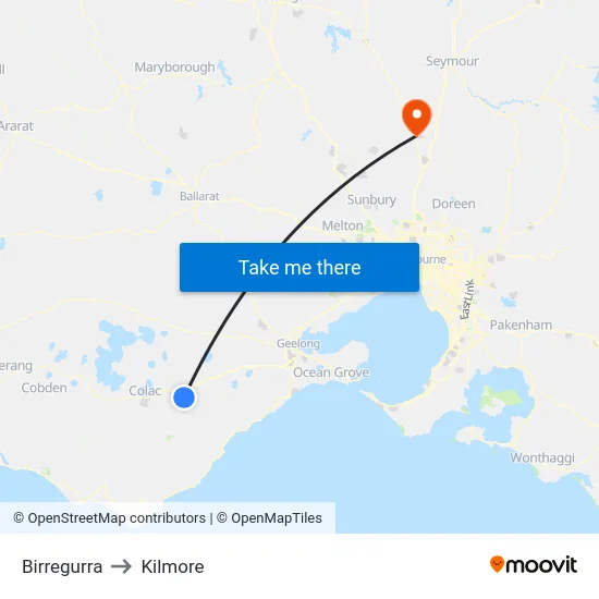 Birregurra to Kilmore map