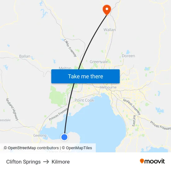 Clifton Springs to Kilmore map