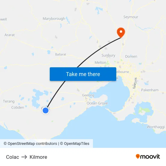Colac to Kilmore map