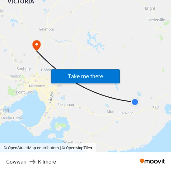 Cowwarr to Kilmore map