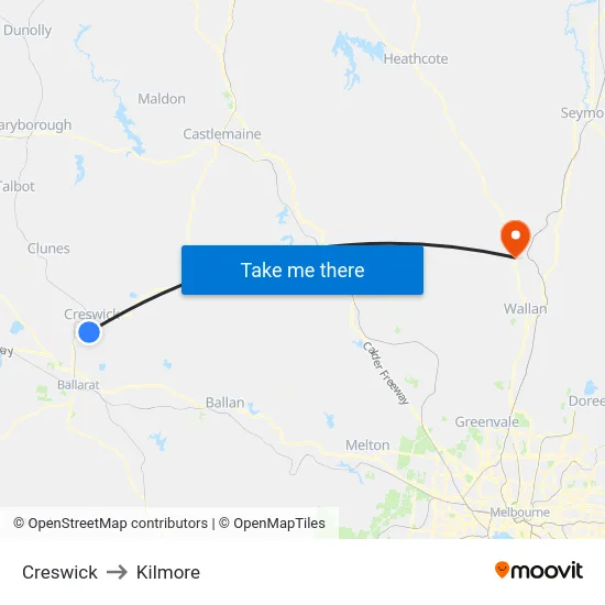 Creswick to Kilmore map