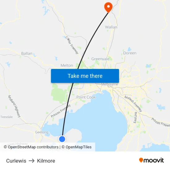 Curlewis to Kilmore map
