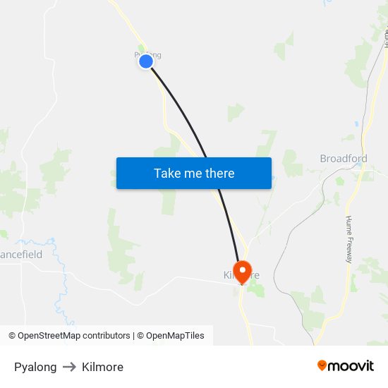 Pyalong to Kilmore map