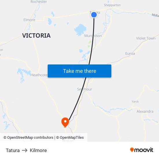 Tatura to Kilmore map