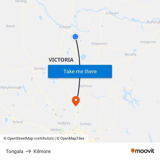 Tongala to Kilmore map