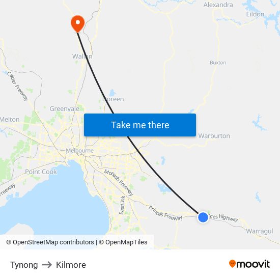 Tynong to Kilmore map