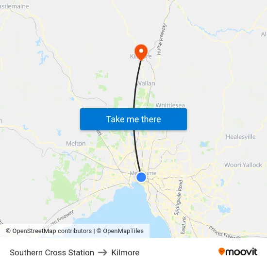 Southern Cross Station to Kilmore map