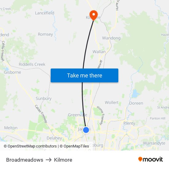 Broadmeadows to Kilmore map