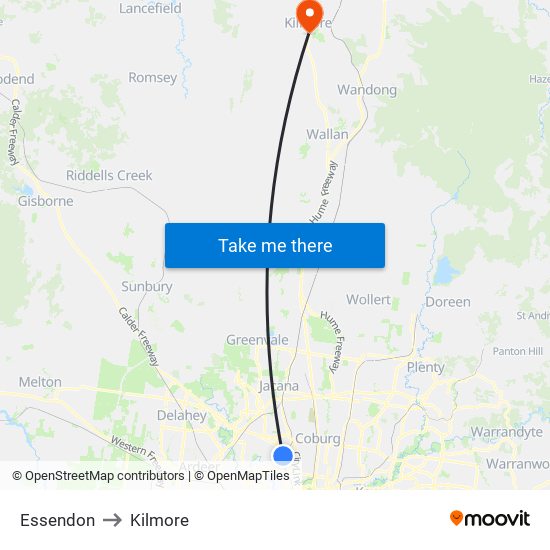 Essendon to Kilmore map