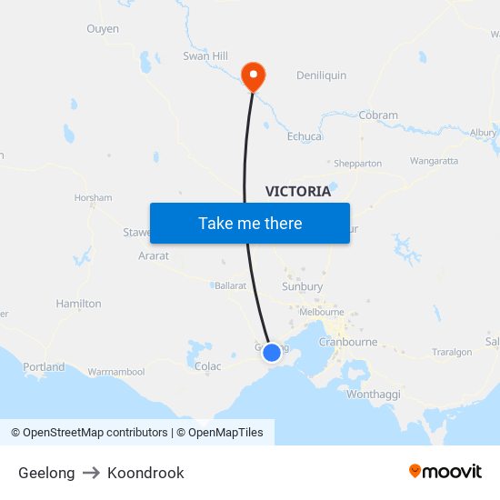 Geelong to Koondrook map