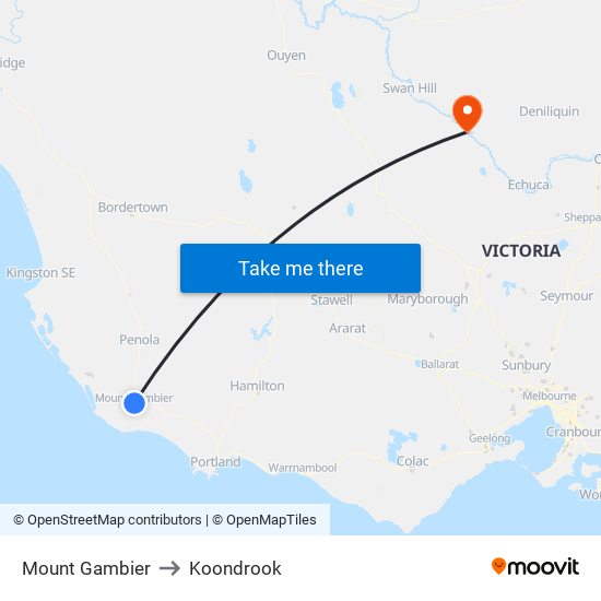 Mount Gambier to Koondrook map