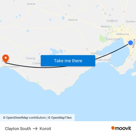 Clayton South to Koroit map