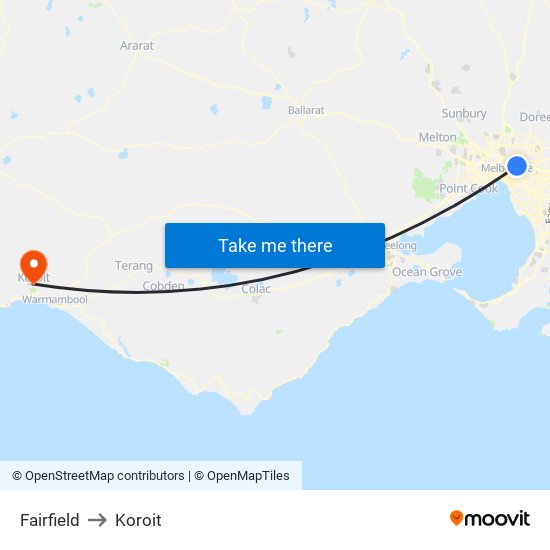 Fairfield to Koroit map